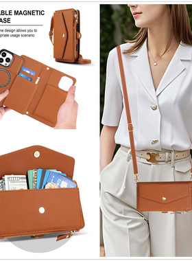 适用苹果iphone16手机壳斜挎挂绳15 14磁吸无线充电13 12高档皮套11保护壳XR翻盖MAX插卡支架8plus分体钱包17