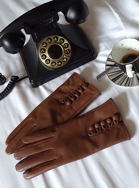 韩国Ins博主kjin触屏黑色深棕色真皮绵阳皮分指手套小众高级羊皮