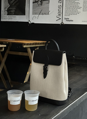 bounded小众设计中古vintage高级感时尚通勤休闲真皮拼帆布双肩包