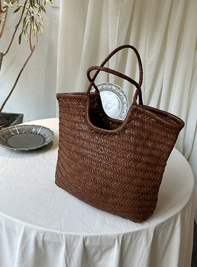 bounded法式复古头层牛皮真皮编织包手提包高级菜篮子托特包旅游