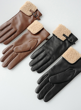 日本Ins博主bounded触屏黑色深棕色真皮绵羊皮分指手套小众高级