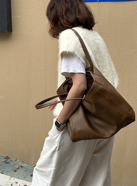 bounded原创经典简约上班通勤超大容量皮质托特真皮头层皮大包包