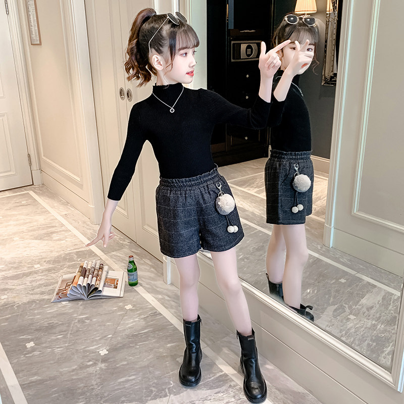 女童秋冬洋气外穿短裤2024新款韩版中大儿童百搭加绒加厚毛呢靴裤