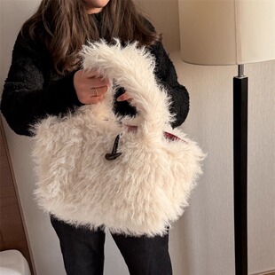 阿宝 重工羊毛毛呢手提包单肩包手提袋撞色 自制韩国小众ins博主款