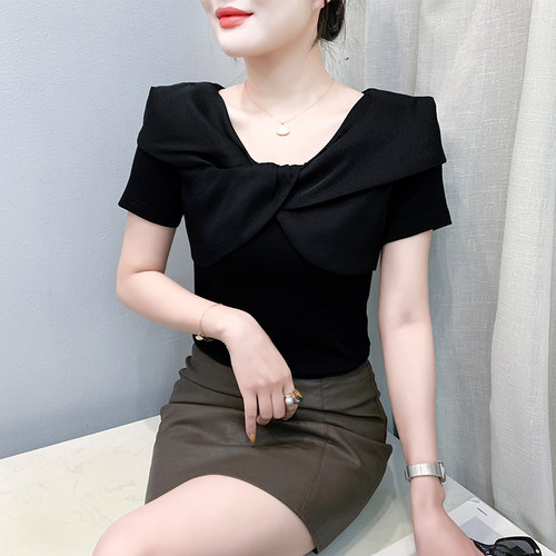 欧货性感短袖设计感交叉扭结上衣