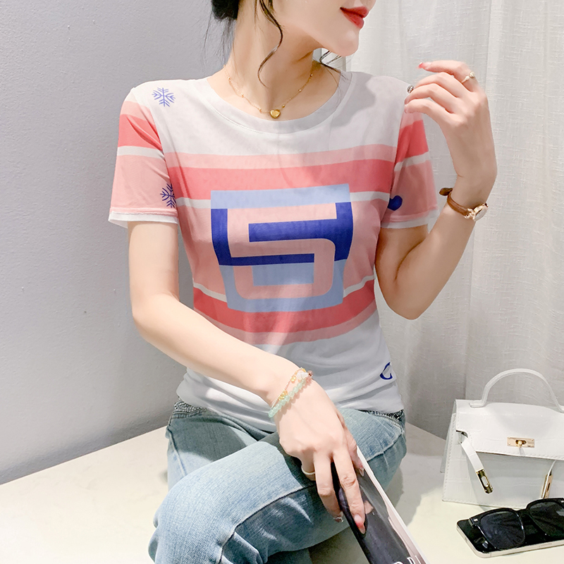 短袖通勤常规印花网纱短袖T恤女