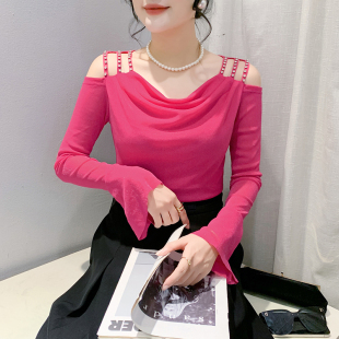 潮 内搭洋气上衣网纱小衫 堆堆领打底衫 女秋冬欧货性感露肩T恤长袖