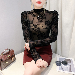 加绒打底衫女秋冬欧货性感植绒网纱上衣洋气紧身内搭长袖t恤小衫