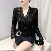 女长袖 性感V领蕾丝衫 女秋冬欧货紧身内搭洋气上衣收腰绑带打底衫