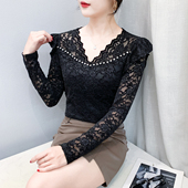 女秋冬 洋气设计感荷叶边上衣紧身内搭打底衫 性感V领蕾丝衫 女长袖