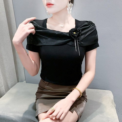 欧货时尚方领短袖设计感花朵上衣