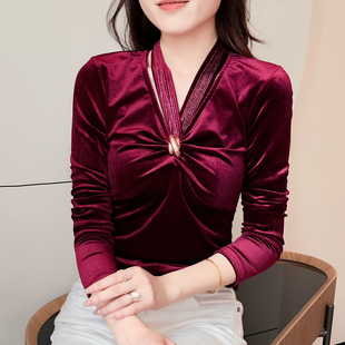 t恤烫钻小衫 丝绒V领打底衫 女秋冬欧货设计感挂脖上衣洋气百搭长袖