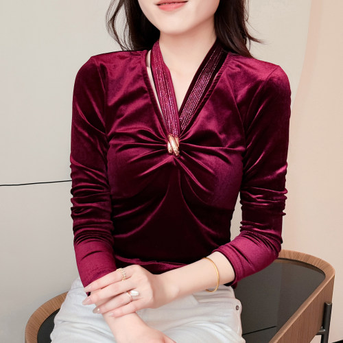 丝绒打底衫女长袖设计感挂脖上衣