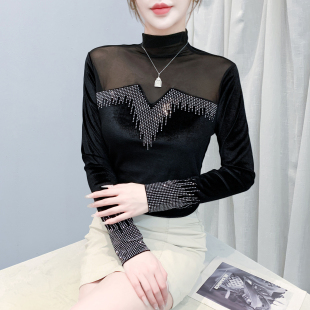 高领丝绒打底衫 t恤 女秋冬欧货网纱拼接烫钻上衣洋气性感内搭长袖