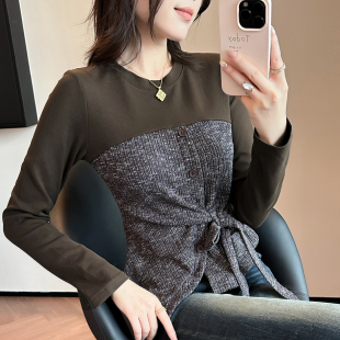 欧货撞色T恤女长袖 秋冬 设计感蝴蝶结上衣洋气百搭收腰绑带打底衫