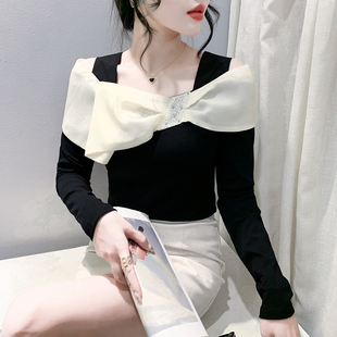 打底衫 设计感蝴蝶结上衣洋气修身 女秋冬 T恤女2025新款 一字肩长袖