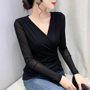 紧身内搭上衣洋气小衫 黑色网纱打底衫 女春秋性感交叉V领T恤女长袖