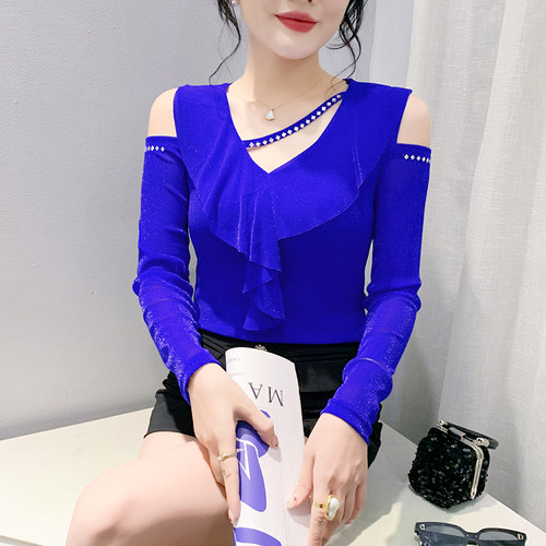 长袖通勤常规性感露肩V领T恤女长