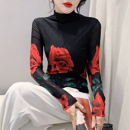 长袖通勤常规网纱打底衫女秋冬欧