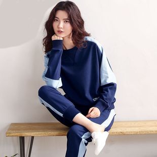 休闲家居服套装 新款 韩版 100%纯棉睡衣女春秋长袖 冬 纯棉可外穿套装