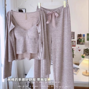 莫代尔棉春夏睡衣女性感慵懒风休闲带胸垫可外穿三件套春秋家居服