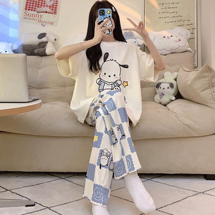 100%全棉睡衣女夏纯棉休闲短袖 长裤 可外穿大码 韩月子服家居服套装