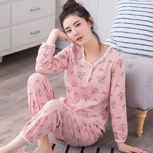 100%纯棉睡衣女春秋长袖纯棉夏季可外穿套装韩版休闲家居服套装冬