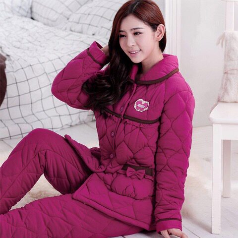 三层夹棉睡衣女冬加厚加肥加大码纯棉保暖秋冬季月子服家居服套装