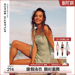 atlanticbeach俏皮少女泳衣女复古格纹裙式 泳衣泡温泉度假泳装