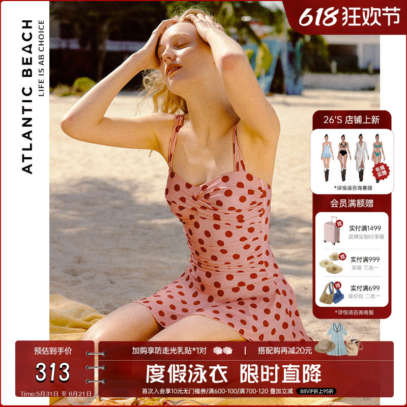 atlanticbeach度假泳衣法式复古波点裙式连体泳装夏海边遮肚显瘦