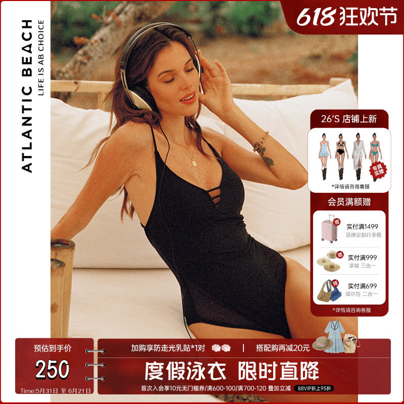 atlanticbeach度假泳衣 性感网纱复古时髦V领吊带泳衣女