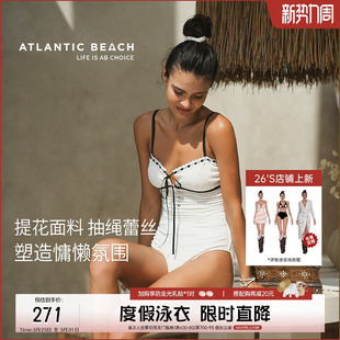 atlanticbeach2025新款 蕾丝抽绳吊带连体泳衣女遮肚温泉度假泳装