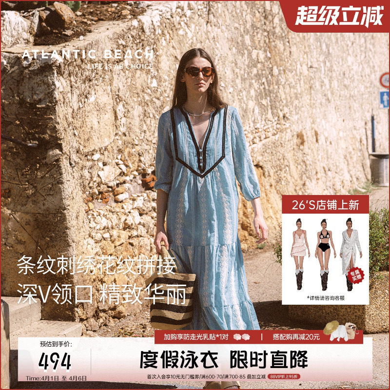 atlanticbeach2025新款法式度假连衣裙女秋宽松v领刺绣中长款裙子