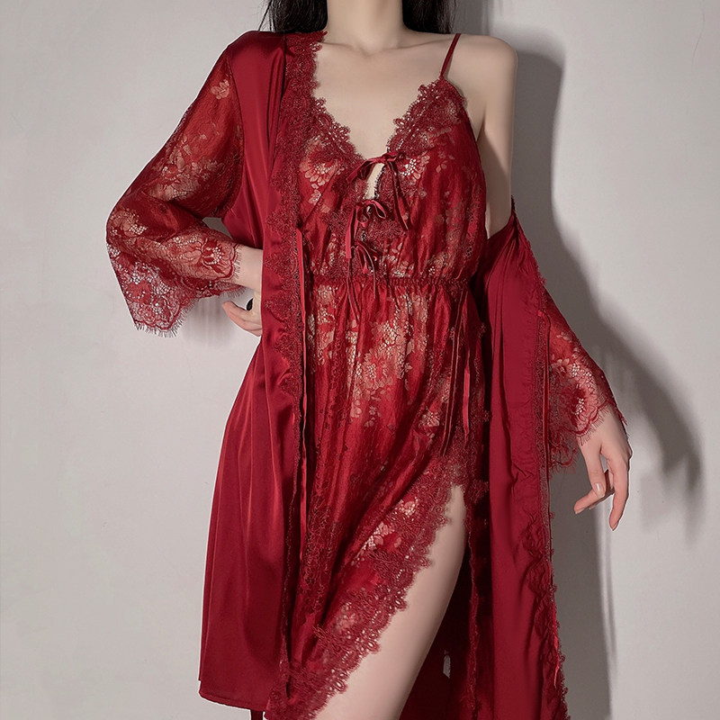 冰丝大码套装吊带睡裙蕾丝女