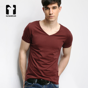 清库存款男士V领破边短袖T恤 纯棉薄款简约个性半袖