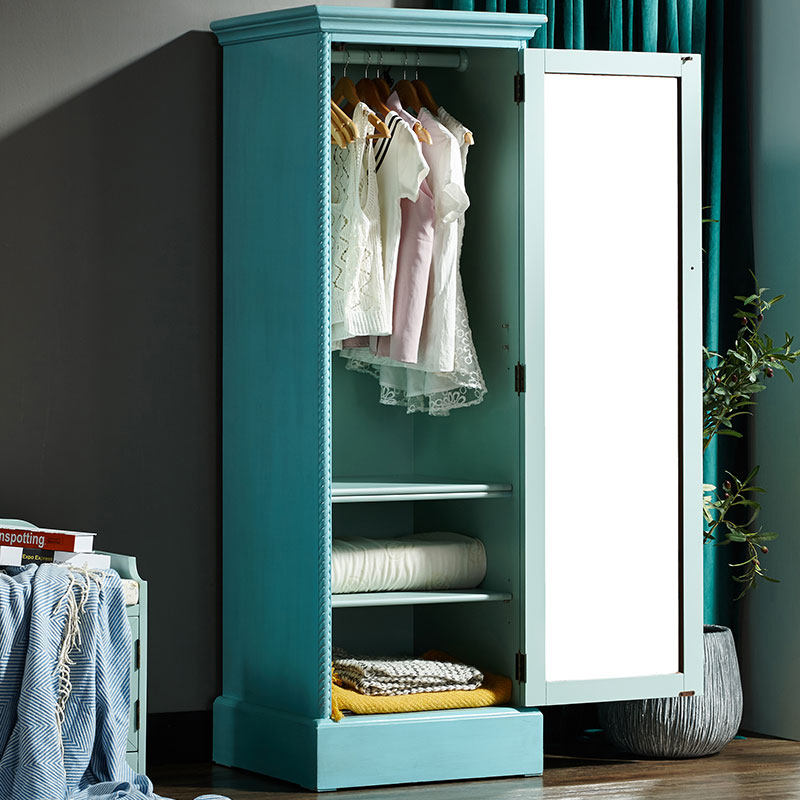 美式实木单门小衣柜女孩带镜子卧室衣橱儿童柜子阳台储物柜彩绘