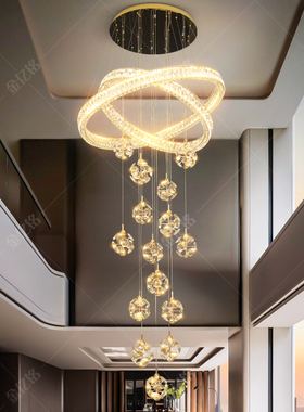 新款挑空复式楼客厅大吊灯挑高别墅loft公寓中空楼梯灯长轻奢水晶