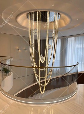 挑空客厅大吊灯轻奢别墅大厅挑高复式楼高级感水晶楼梯中空楼中楼