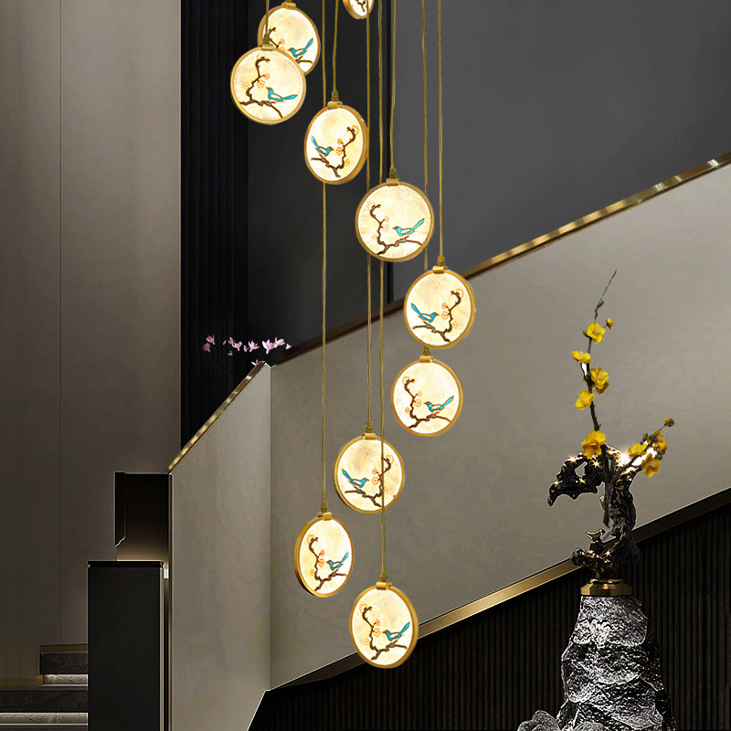 新中式楼梯吊灯长吊灯别墅过道复式楼上方转角旋转楼梯井中空灯具_虎窝淘