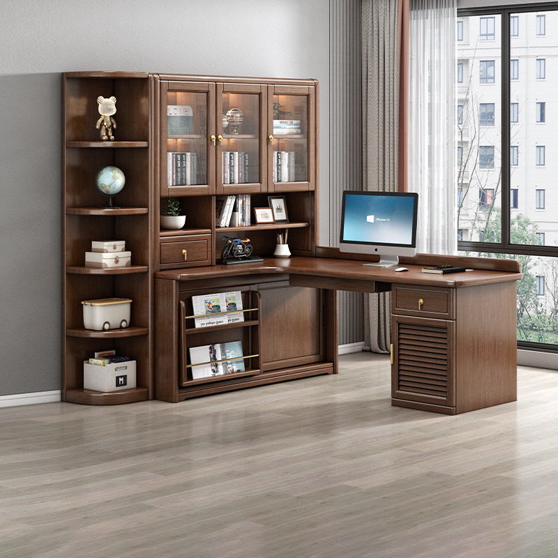 新中式实木转角书桌一体书架书柜家用台式电脑桌办公桌写字学习桌