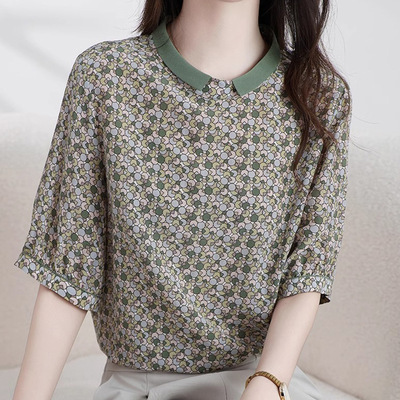 桐乡法丽服饰气质翻领真丝小衫高端桑蚕丝碎花上衣女装半袖时尚
