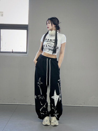 SWINGER直筒裤星星涂鸦卫裤街舞休闲宽松烫钻爵士舞运动裤男女