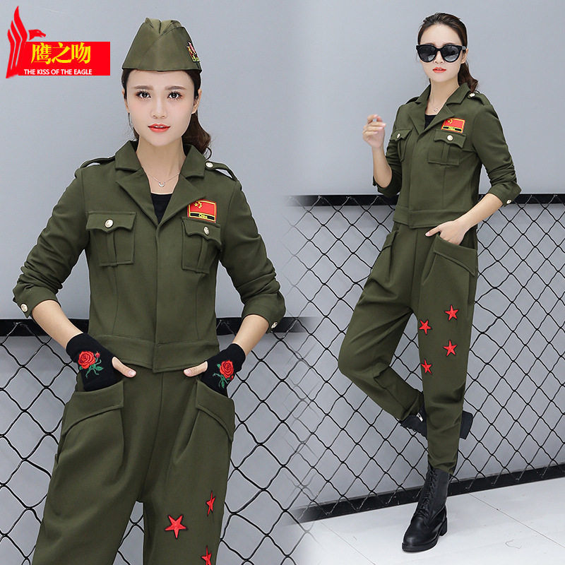 水兵舞广场舞服装女演出服两件套军绿棉西服领外套哈伦裤军装套装