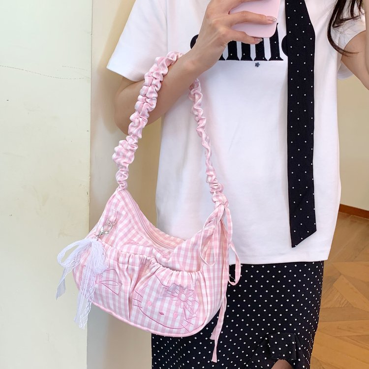 日系粉色格纹饺子包包女2026新款蝴蝶结抽绳褶皱单肩包手提腋下包