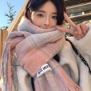 2025新款秋冬撞色格子围巾女长款流苏保暖百搭氛围感围脖
