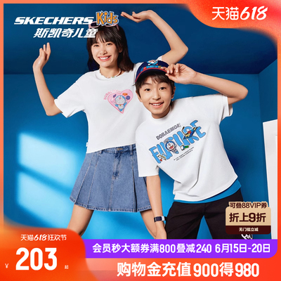 【哆啦A梦】Skechers斯凯奇男童夏季款卡通印花柔软舒适短袖T恤