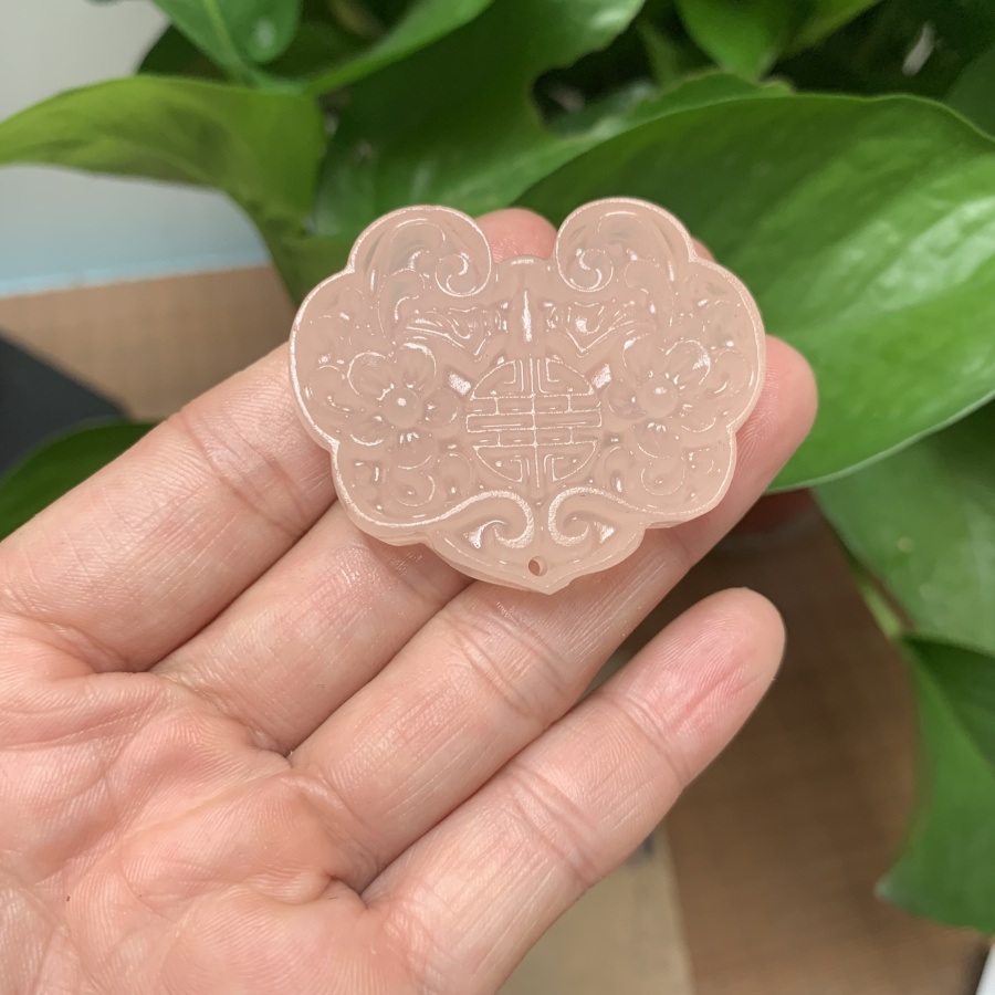 阿富汗藕粉色福寿梅花如意荷花锁吊坠 diy玉石饰品配件璎珞项链坠