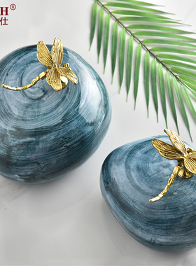 新中式铜蜻蜓陶瓷装饰简约现代轻奢样板间客厅书房书柜酒柜摆件