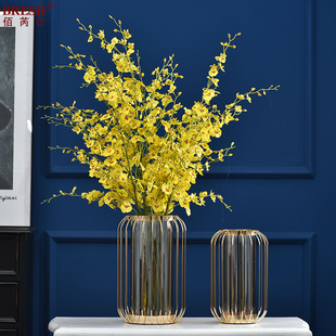 玻璃花瓶摆件客厅现代家居餐桌花艺装 饰品花瓶黄色仿真花 轻奢时尚