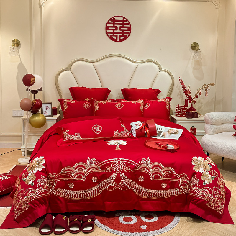 婚庆大红色刺绣四件套中式结婚床上用品新娘婚房陪嫁铺床床单被套